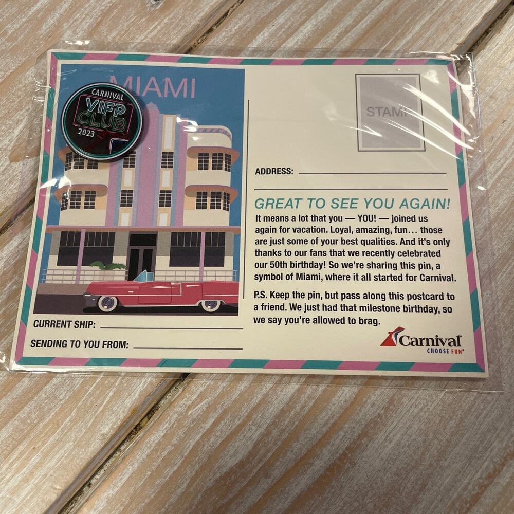 Carnival VIFP Club 2023 New Sealed Guest Pin W/Miami Postcard Collectable Pin